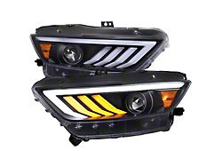 HID-Type Projector Headlights with Sequential Signals; Matte Black Housing; Clear Lens (15-17 Mustang; 18-20 Mustang GT350, GT500)