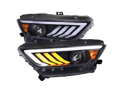 HID-Type Projector Headlights with Sequential Signals; Matte Black Housing; Clear Lens (15-17 Mustang; 18-20 Mustang GT350, GT500)