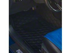 Honeycomb Leather Front Floor Mat Liners; Black with Blue Stithcing (15-23 Mustang)