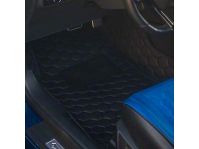 Honeycomb Leather Front Floor Mat Liners; Black with Blue Stithcing (15-23 Mustang)