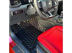 Honeycomb Leather Front Floor Mat Liners; Black with Red Stithcing (10-14 Mustang)