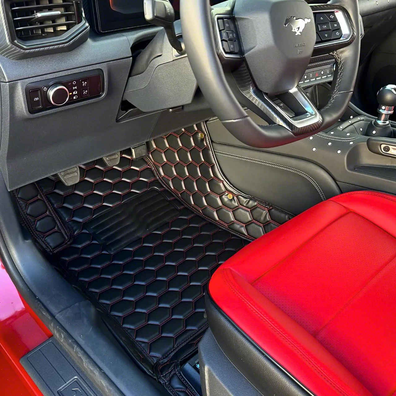 Kustom Interior Honeycomb Leather Front Floor Mat Liners; Black with Red Stithcing (15-23 Mustang)