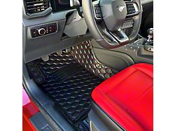 Honeycomb Leather Front Floor Mat Liners; Black with Red Stithcing (15-23 Mustang)