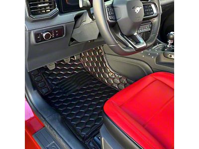 Honeycomb Leather Front Floor Mat Liners; Black with Red Stithcing (15-23 Mustang)