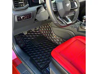 Kustom Interior Honeycomb Leather Front Floor Mat Liners; Black with Red Stithcing (15-23 Mustang)