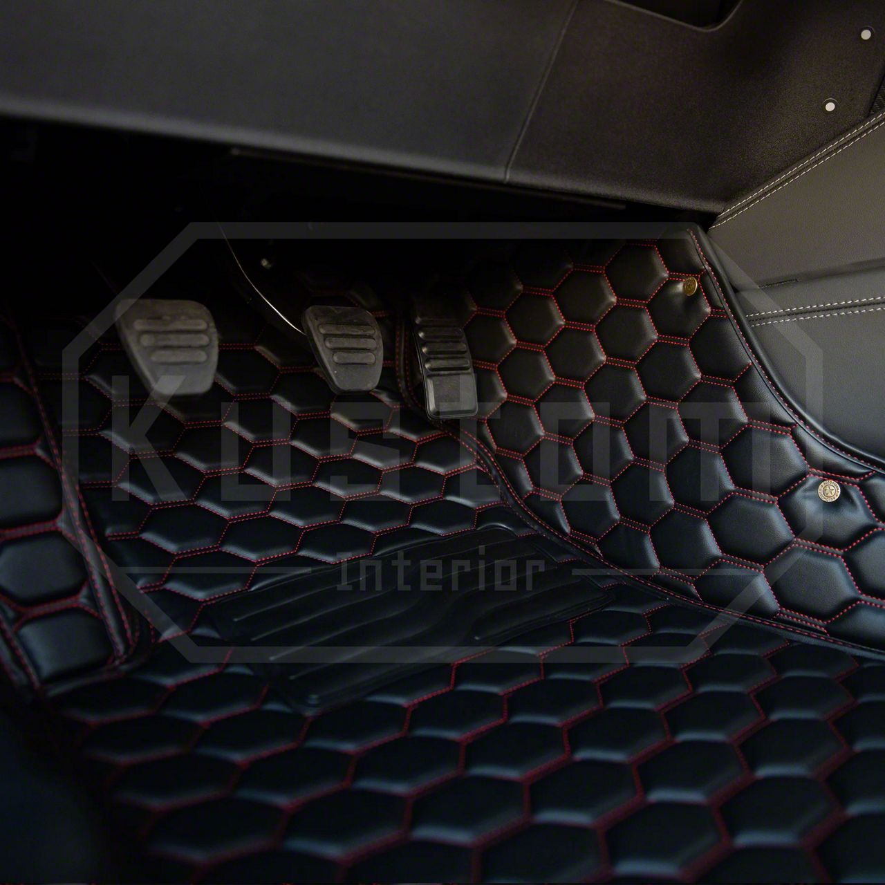 Kustom Interior Honeycomb Leather Front Floor Mat Liners; Black with Red Stithcing (15-23 Mustang)