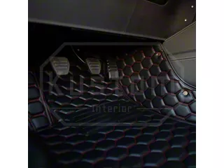 Kustom Interior Honeycomb Leather Front Floor Mat Liners; Black with Red Stithcing (15-23 Mustang)