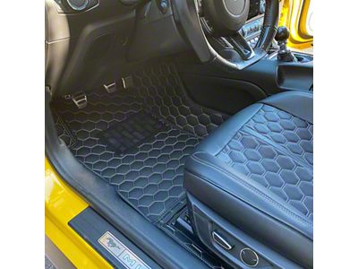 Honeycomb Leather Front Floor Mat Liners; Black with White Stithcing (15-23 Mustang)