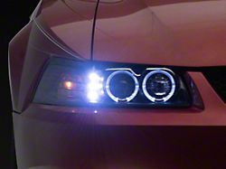 LED DRL Halo Projector Headlights; Black Housing; Clear Lens (99-04 Mustang)