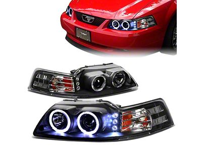 LED DRL Halo Projector Headlights; Black Housing; Clear Lens (99-04 Mustang)
