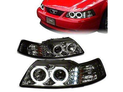 LED DRL Halo Projector Headlights; Chrome Housing; Smoked Lens (99-04 Mustang)