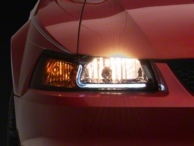 LED DRL Headlights with Amber Corners; Chrome Housing; Smoked Lens (99-04 Mustang)