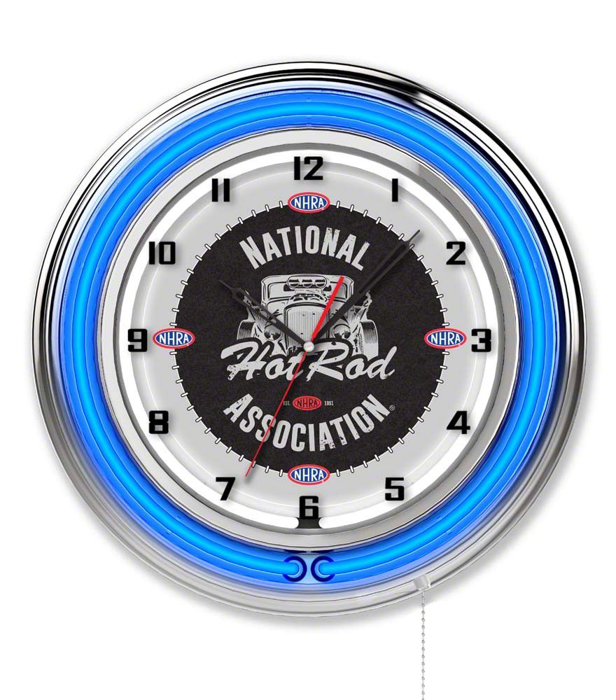 Mustang NHRA 19-Inch Double Neon Hot Rod Wall Clock; Blue Neon