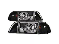 OEM Style Headlights with Corner Parking Lights; Black Housing; Clear Lens (87-93 Mustang)