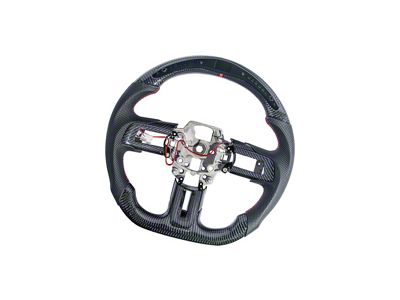 Perforated Leather LED RPM Display Steering Wheel with Button Covers; Carbon Fiber with Red Stripe (15-17 Mustang w/o Heated Steering Wheel)