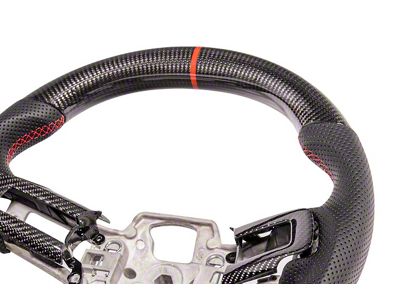 Perforated Leather Steering Wheel with Button Covers; Carbon Fiber with Red Stripe (15-17 Mustang)