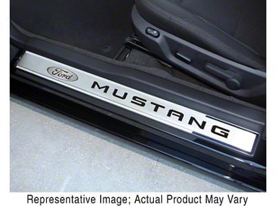 Polished/Brushed Door Sill Plates with Ford Oval and Mustang Logos; Black Carbon Fiber (10-14 Mustang)