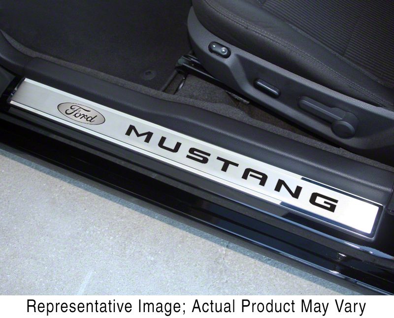 Polished/Brushed Door Sill Plates with Ford Oval and Mustang Logos; Brushed Black (10-14 Mustang)