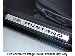 Polished/Brushed Door Sill Plates with Ford Oval and Mustang Logos; Black Solid (10-14 Mustang)