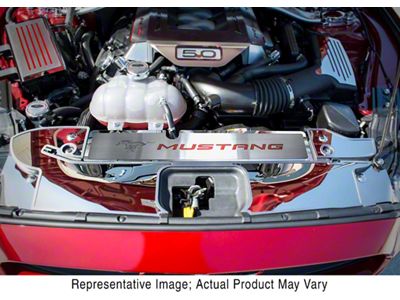 Polished/Brushed Radiator Cover with Running Pony Logo and Mustang Lettering; Brushed Black (15-17 Mustang GT, EcoBoost, V6)