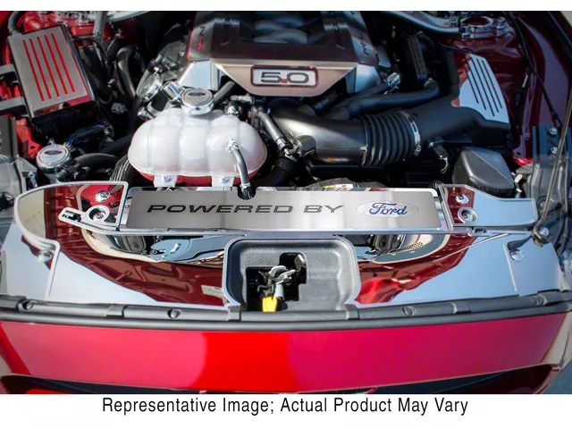 Polished/Brushed Radiator Cover with Powered by Ford Logo; Bright Red (15-17 Mustang GT, EcoBoost, V6)