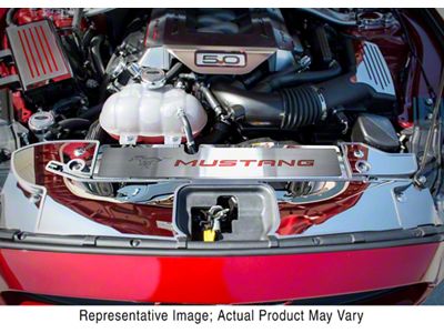 Polished/Brushed Radiator Cover with Running Pony Logo and Mustang Lettering; Solid Black (15-17 Mustang GT, EcoBoost, V6)