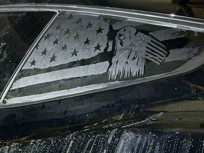 Quarter Window American Flag Reaper Decals; Gloss Black (2024 Mustang Fastback)
