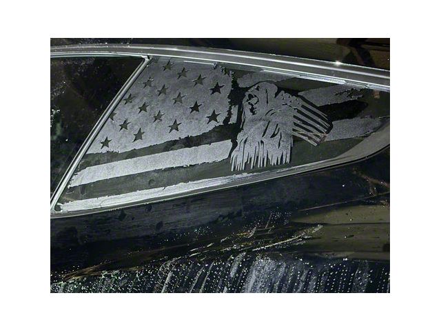 Quarter Window American Flag Reaper Decals; Matte Black (2024 Mustang Fastback)