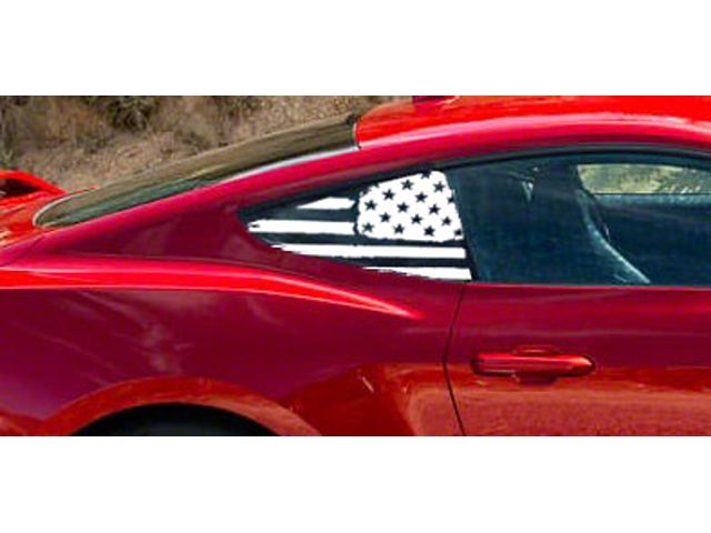 Tattered Quarter Window American Flag Decals; Matte Black (2024 Mustang Fastback)