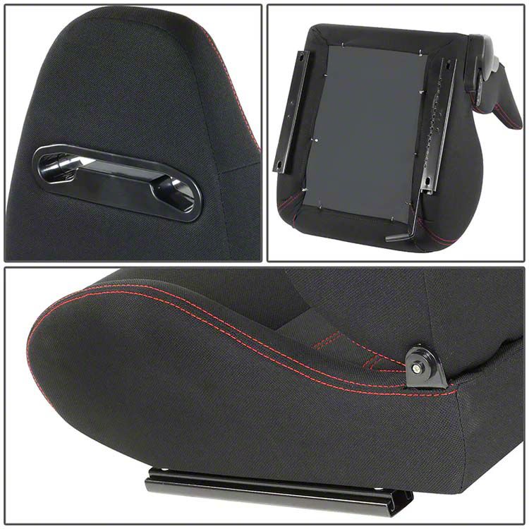 Woven Fabric Racing Bucket Seats with Seat Sliders; Black with Red  Stitching (Universal; Some Adaptation May Be Required)