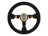 NRG Innovations 350mm 3-Inch Deep Dish Steering Wheel; Black Suede with Red Stitching and Chrome Gold Spokes (Universal; Some Adaptation May Be Required)