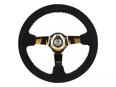 NRG Innovations 350mm 3-Inch Deep Dish Steering Wheel; Black Suede with Red Stitching and Chrome Gold Spokes (Universal; Some Adaptation May Be Required)