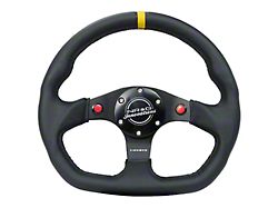NRG Innovations 320mm Flat Bottom Dual Button Steering Wheel; Black Leather with Yellow Center Mark (Universal; Some Adaptation May Be Required)