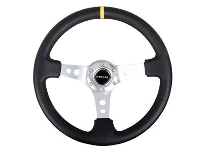 NRG Innovations 350mm 3-Inch Deep Dish Steering Wheel; Black Leather with Silver Spokes and Yellow Center Mark (Universal; Some Adaptation May Be Required)