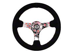 NRG Innovations 350mm 3-Inch Deep Dish Steering Wheel; Black Suede with Hydro Dipped Sakura Floral Spokes (Universal; Some Adaptation May Be Required)