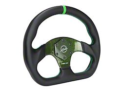NRG Innovations Flat Bottom Leather Steering Wheel; Green Carbon Fiber Center and Stitching (Universal; Some Adaptation May Be Required)