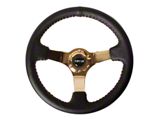 NRG Innovations 350mm 3-Inch Deep Dish Steering Wheel; Black Leather with Red Stitching and Chrome Gold Spokes (Universal; Some Adaptation May Be Required)