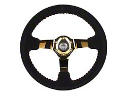 NRG Innovations 350mm 3-Inch Deep Dish Steering Wheel; Black Suede with Red Stitching and Chrome Gold Spokes (Universal; Some Adaptation May Be Required)