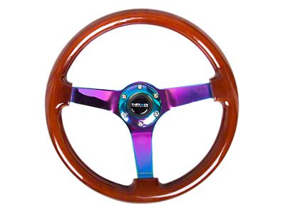 NRG Innovations Wood Grain 350mm 3-Inch Deep Dish Steering Wheel; Brown and Neochrome (Universal; Some Adaptation May Be Required)