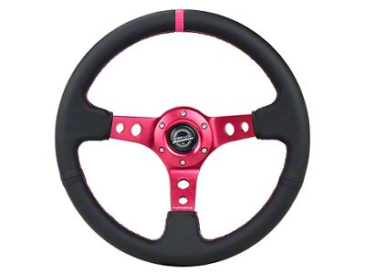NRG Innovations 350mm 3-Inch Deep Dish Steering Wheel; Black Leather with Fushia Center Mark, Stitching and Center Spoke (Universal; Some Adaptation May Be Required)
