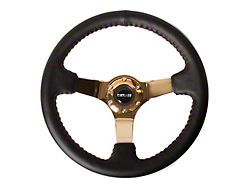 NRG Innovations 350mm 3-Inch Deep Dish Steering Wheel; Black Leather with Red Stitching and Gold Spokes (Universal; Some Adaptation May Be Required)