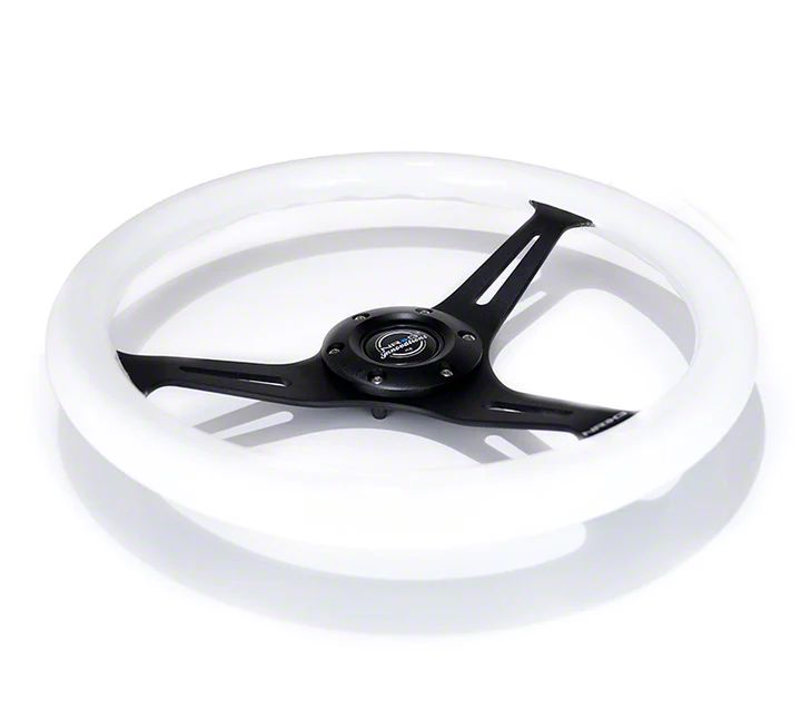 NRG Innovations Reinforced 350mm Racing Steering Wheel - Black Spokes, White Leather, 6-Bolt