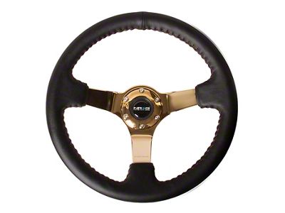 NRG Innovations 350mm 3-Inch Deep Dish Steering Wheel; Black Leather with Red Stitching and Gold Spokes (Universal; Some Adaptation May Be Required)