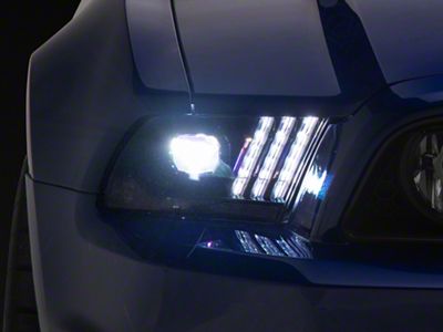 Raxiom LED Projector Headlights with DRL and Sequential Turn Signals; Black Housing; Clear Lens (13-14 Mustang w/ Factory HID Headlights)