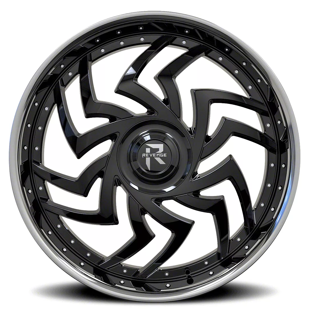 Revenge Luxury Wheels RL-107 Gloss Black with Chrome Lip Wheel; 24x9; 15mm Offset (08-23 RWD Challenger, Excluding SRT Hellcat &amp; Widebody)