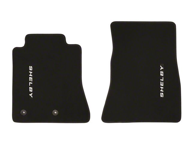 Drake Muscle Cars Front Floor Mats with Shelby Logo; Black with Black Stitching (15-23 Mustang)