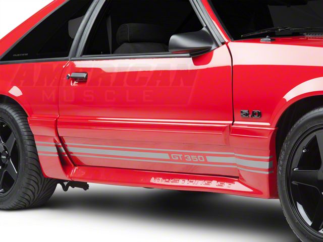 SEC10 Rocker Stripes with GT350 Logo; Silver (79-93 Mustang)