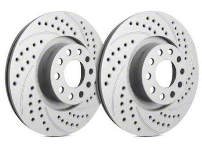 SP Performance Double Drilled and Slotted Rotors with Gray ZRC Coating; Front Pair (06-14 Charger w/ Dual Piston Front Calipers; 15-17 Charger Daytona, R/T, AWD SE, AWD SXT; 18-23 Charger w/ Dual Piston Front Calipers)