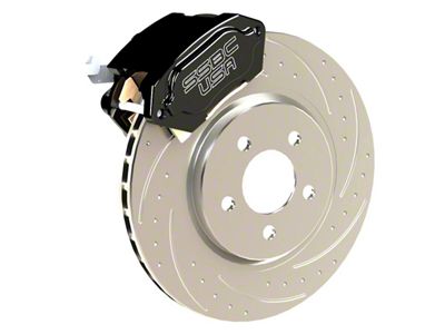 SSBC-USA R1-Redline Rear Direct Fit Caliper and Semi-Metallic Brake Pad Upgrade Kit with Dimple Drilled/Slotted Rotors; Black Calipers (05-14 Mustang)