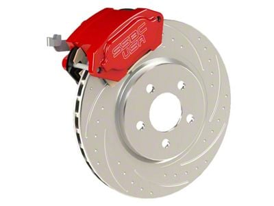 SSBC-USA R1-Redline Rear Direct Fit Caliper and Semi-Metallic Brake Pad Upgrade Kit with Dimple Drilled/Slotted Rotors; Red Calipers (15-23 Mustang GT, EcoBoost, V6)